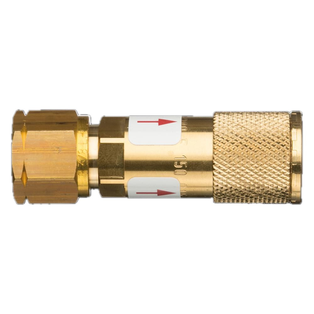 Eine goldfarbene Schlauchkupplung aus Metall mit geriffeltem Körper und einer eingravierten Skala. Die beiden Enden sind mit einer speziellen Gewindeform versehen, die für Brenngasanschlüsse geeignet ist.