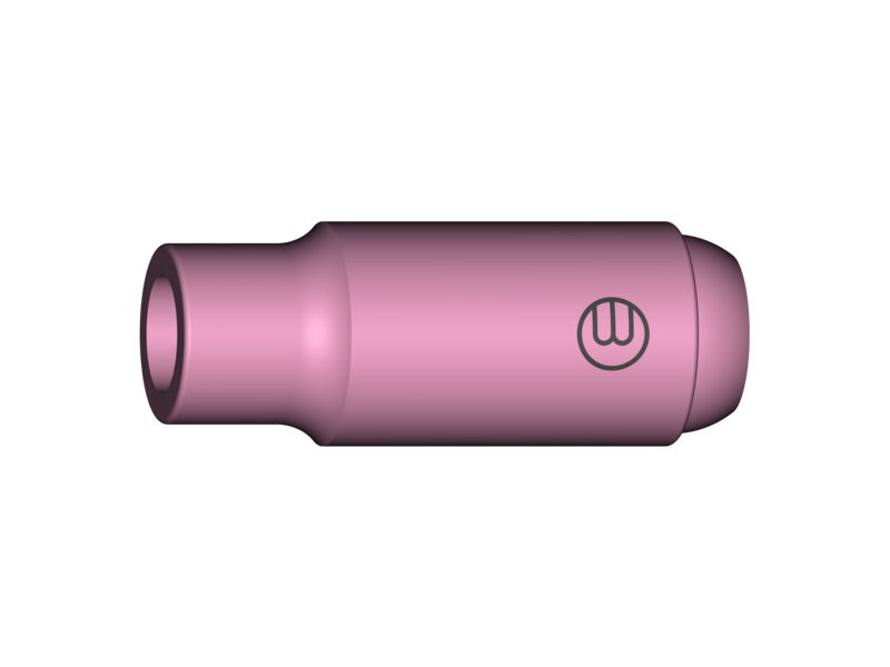 Alt-Text: Eine pinkfarbene Gasdüse aus Keramik mit einem Durchmesser von 9,5 mm und einer Länge von 47,0 mm. Auf der Düse ist ein Logo abgebildet.