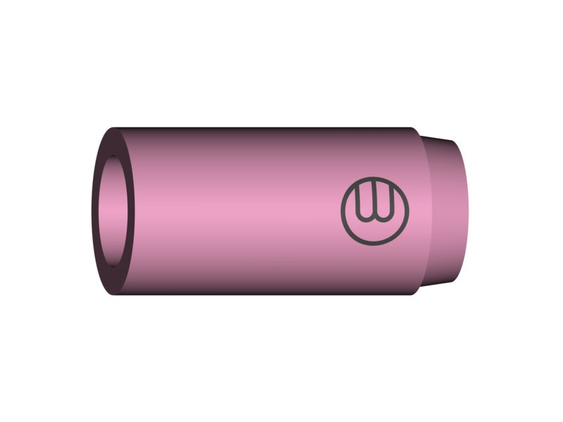 Abgebildet ist eine pinkfarbene Keramikkappe für eine Gasdüse mit einem Durchmesser von 9,5 mm und einer Länge von 30 mm. Das Produkt hat ein rundes Symbol auf der Oberfläche.