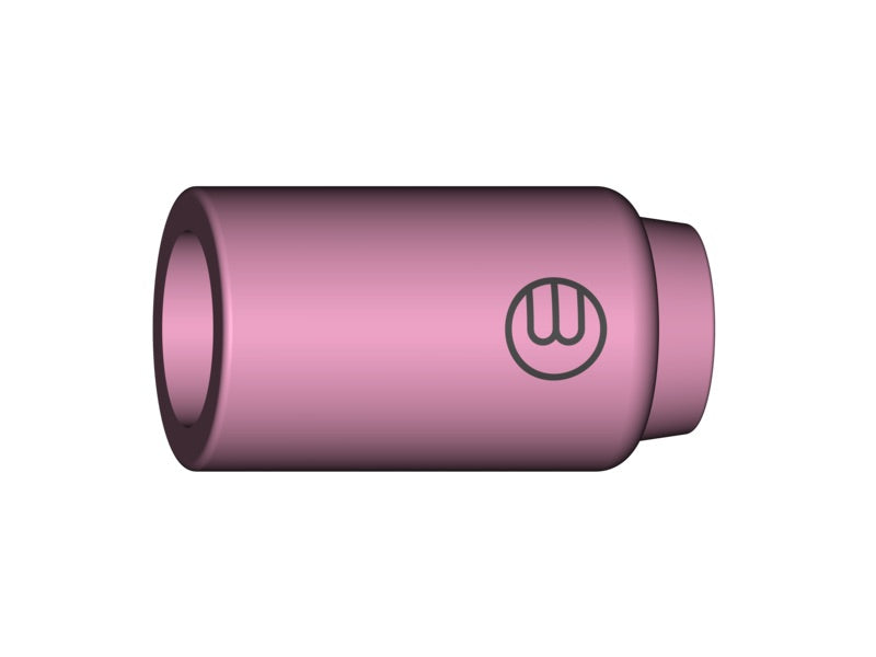 Alt-Text: Eine keramische Gasdüse in rosa, mit einem Durchmesser von 11,0 mm und einer Länge von 30,0 mm. Auf der Düse ist ein Logo in Form eines stilisierten W zu sehen.