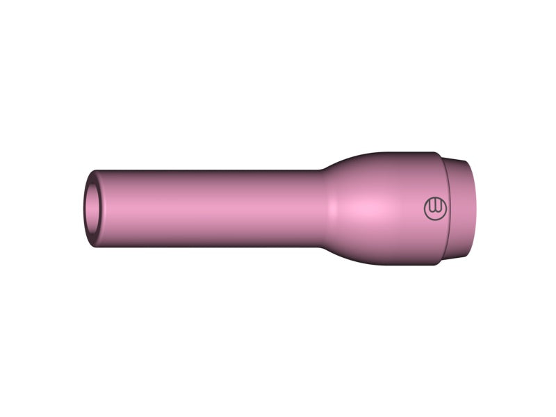 Alt-Text: Eine keramische Gasdüse in pink, mit einem Durchmesser von 6,5 mm und einer Länge von 48 mm. Das Bild zeigt die Düse aus seitlicher Perspektive.