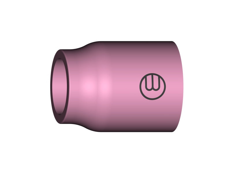 Alt-Text: Eine keramische Gasdüse in rosa Farbe, mit einem Durchmesser von 12,5 mm und einer Länge von 25,5 mm. Die Düse hat ein rundes Ende und ein Logo auf der Oberfläche.