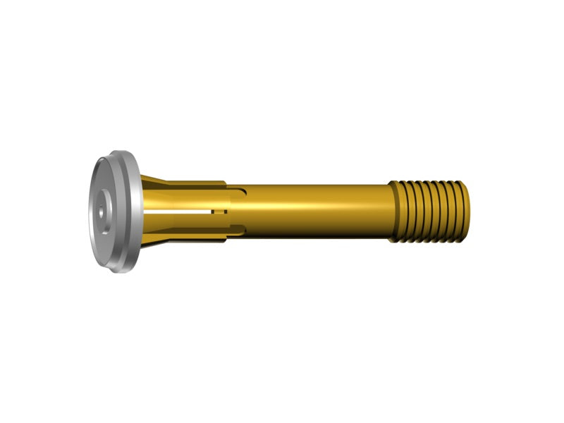 Ein goldfarbener Gasdiffusor mit einem Durchmesser von 2,0 mm und einem flachen, runden Ende. Der Diffusor hat eine ausgefräste Struktur und befindet sich in einem fünfteiligen Pack.