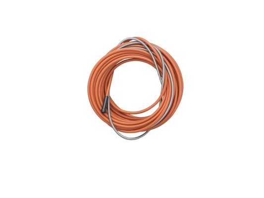 Eine isolierte Führungsspirale in leuchtendem Orange, die aufgerollt dargestellt wird. Die Spirale hat einen Durchmesser von 2,0 mm und einen Draht-Ø von 1,0 bis 1,2 mm, mit einem silbernen Ende.