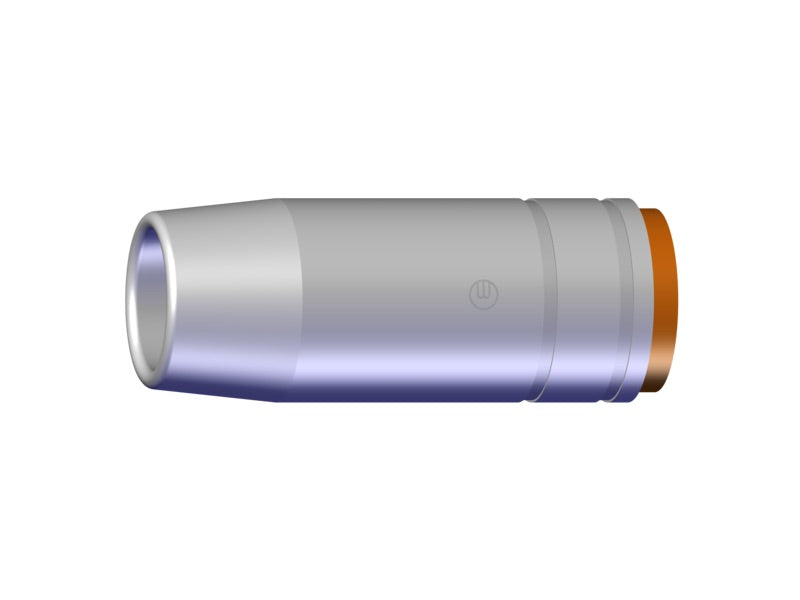 Illustration einer konischen Gasdüse mit einem Durchmesser von 15,0 mm. Die Düse hat eine glatte, metallische Oberfläche und einen orangenfarbigen Anschlussbereich.