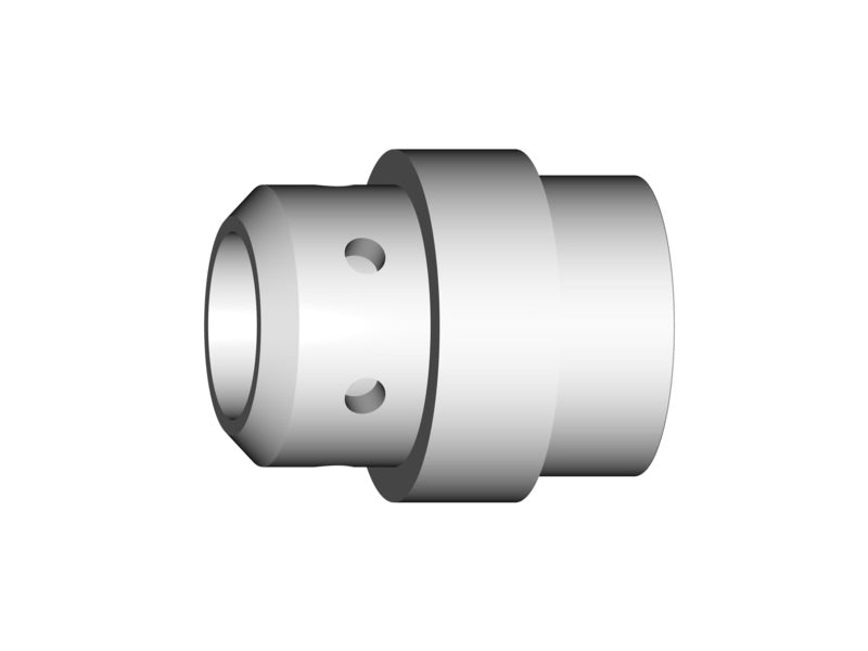 Das Bild zeigt einen Gasverteiler in zylindrischer Form mit mehreren Löchern an der Seite. Der Verteiler hat eine Länge von 20 mm und ist in einem Set von zehn Stück erhältlich.