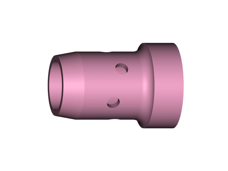 Alt-Text: Abbildung eines keramischen Gasverteilers in rosa Farbe, mit einer Länge von 28 mm und sichtbaren Bohrlöchern. Das Produkt hat eine zylindrische Form und eine breite Basis.