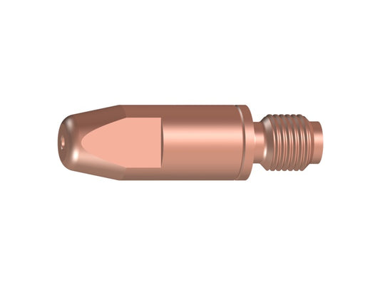 Eine zylindrische, kupferfarbene Stromdüse mit einer breiten, spitzen Form und einem gewindeten Ende. Die Düse hat einen Durchmesser von 0,8 mm und ist Teil eines 10er Packs.