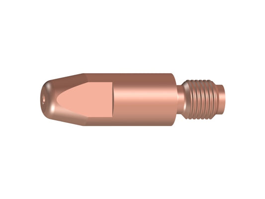 Eine kupferfarbene Stromdüse mit einem M6-Gewinde und einem Durchmesser von 1,0 mm. Die Düse hat eine spitze Form und ist für den Einsatz in Schweißgeräten konzipiert.