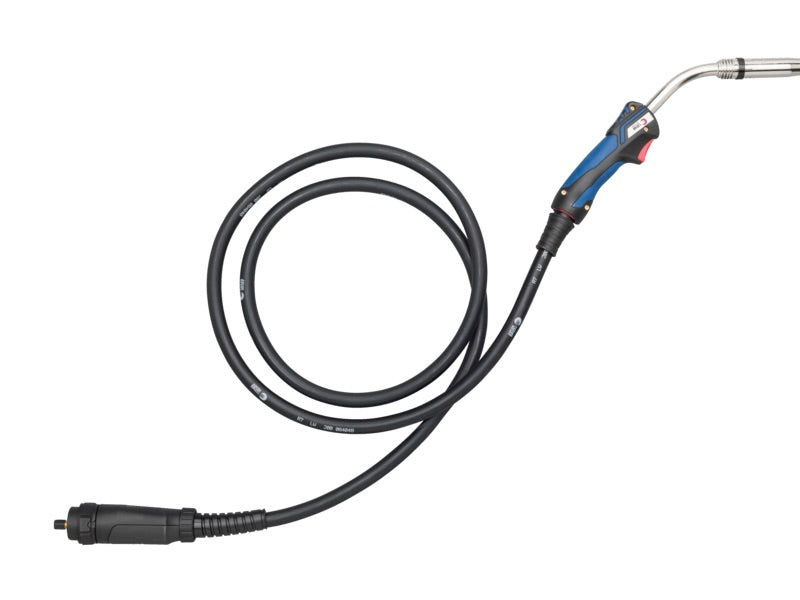 Ein luftgekühlter Schweißbrenner mit einem flexiblen Schlauch und ergonomischem Griff, der für optimale Handhabung sorgt. Die Bauweise ermöglicht präzises Arbeiten in verschiedenen Schweißanwendungen.