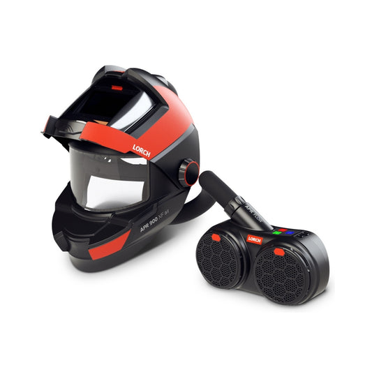 Schweißhelm mit integriertem Atemschutzsystem, ausgestattet mit einem Visier für sicheren Schutz während des Schweißens. Der Helm ist schwarz mit roten Akzenten und wird mit einem tragbaren Blasgerät geliefert, das Luftfilterung bietet.