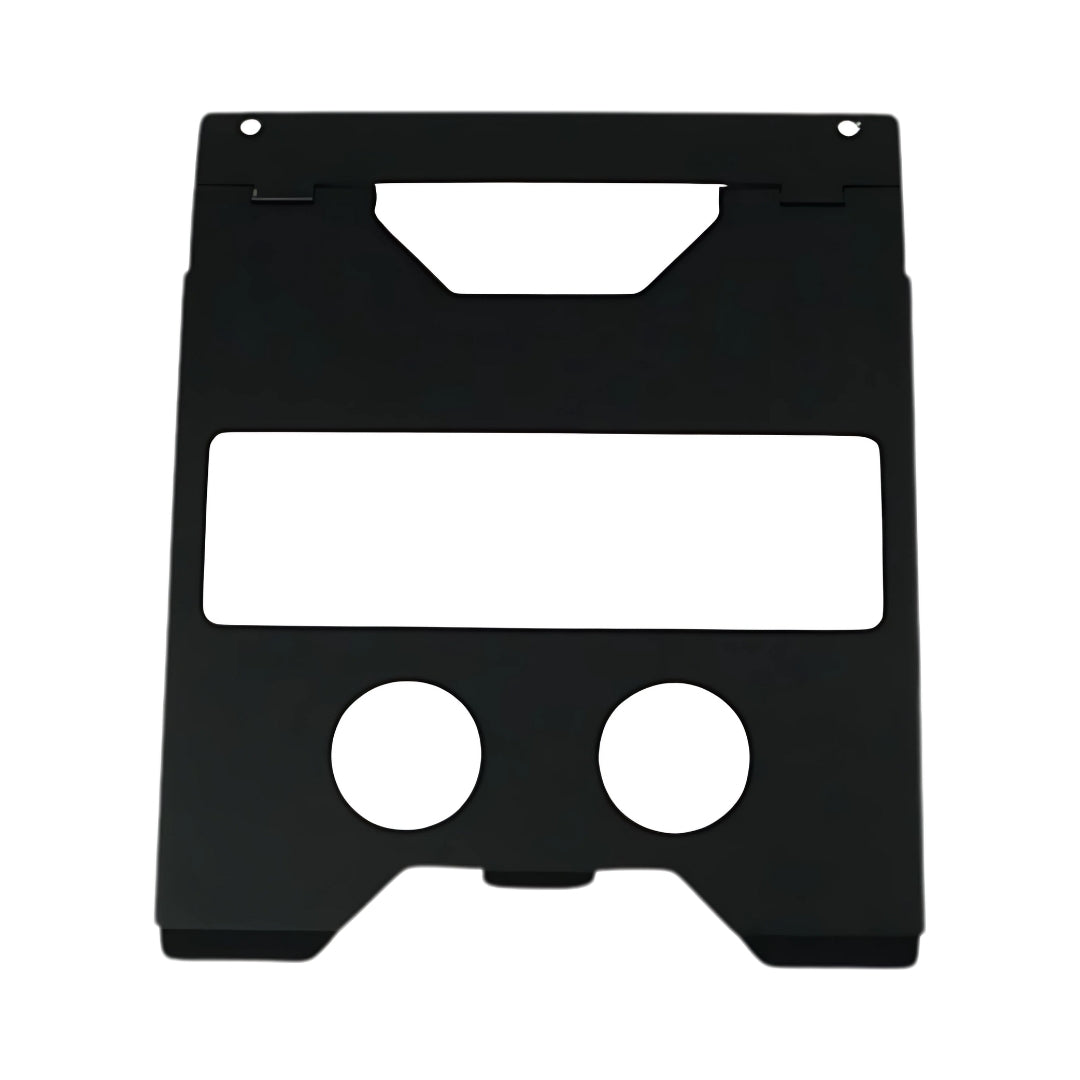 Schwarz lackierte Abdeckung für ein Bedienpanel, mit rechteckigem Ausschnitt oben und zwei runden Ausschnitten unten. Die Abdeckung hat eine robuste, flache Struktur, ideal für die Kombination mit dem Rustler MIG PRO Kompakt.