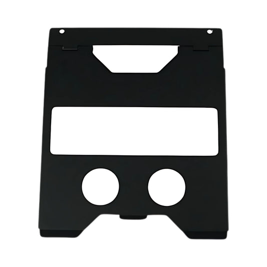 Schwarz lackierte Abdeckung für ein Bedienpanel, mit rechteckigem Ausschnitt oben und zwei runden Ausschnitten unten. Die Abdeckung hat eine robuste, flache Struktur, ideal für die Kombination mit dem Rustler MIG PRO Kompakt.