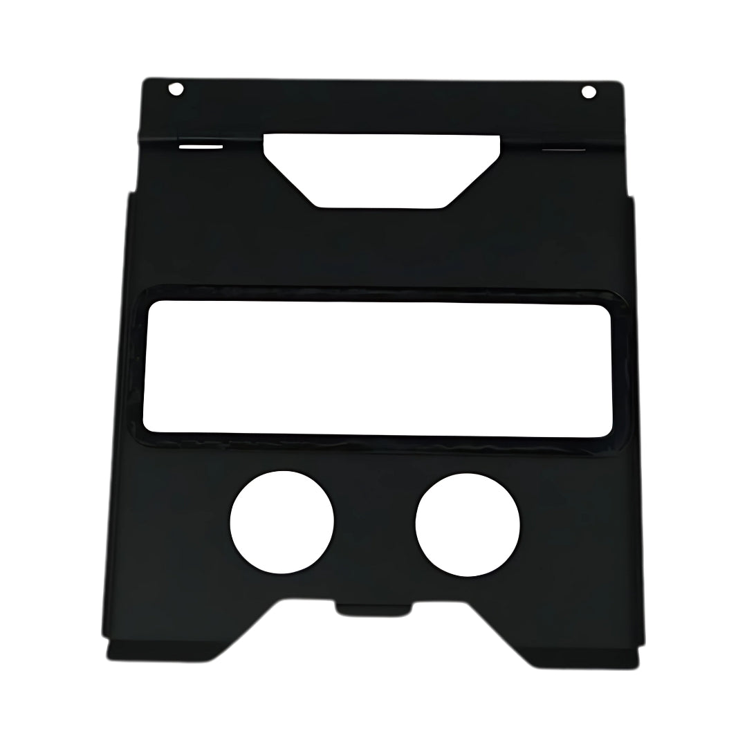 Schwarze Abdeckung für ein Bedienpanel mit einem großen rechteckigen und zwei runden Ausschnitten. Das Zubehörteil ist speziell für den Rustler MIG PRO Kompakt konzipiert.