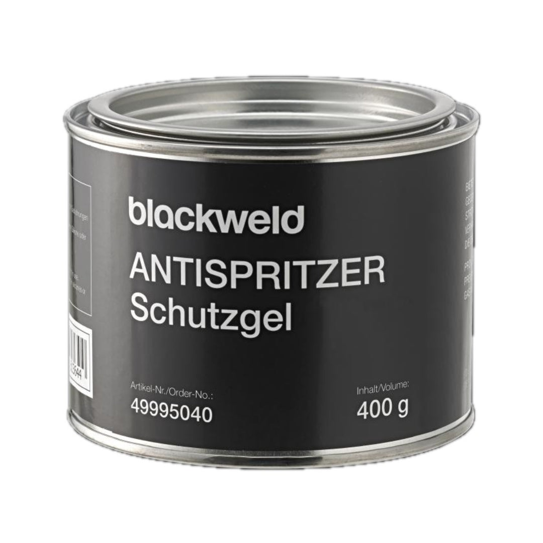 Eine runde Dose mit schwarzem Etikett, die ein Schutzgel gegen Spritzer enthält. Auf dem Etikett sind der Produkttyp, der Name des Herstellers und die Menge von 400 g angegeben.