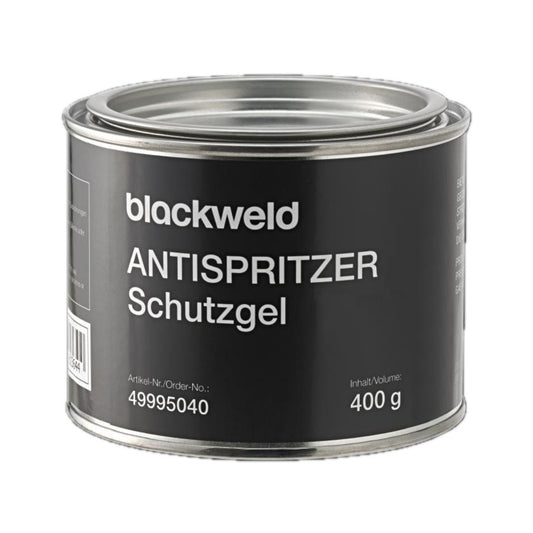 Eine runde Dose mit schwarzem Etikett, die ein Schutzgel gegen Spritzer enthält. Auf dem Etikett sind der Produkttyp, der Name des Herstellers und die Menge von 400 g angegeben.