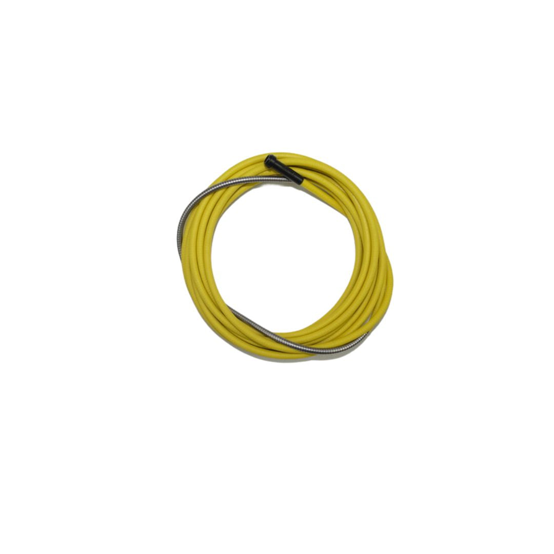 Eine isolierte Führungsspirale in Gelb, aufgerollt, mit einem Durchmesser von 2,5/4,5 mm und einem Draht-Ø von 1,6 mm. Die Spirale hat eine flexible und korrosionsbeständige Oberfläche.