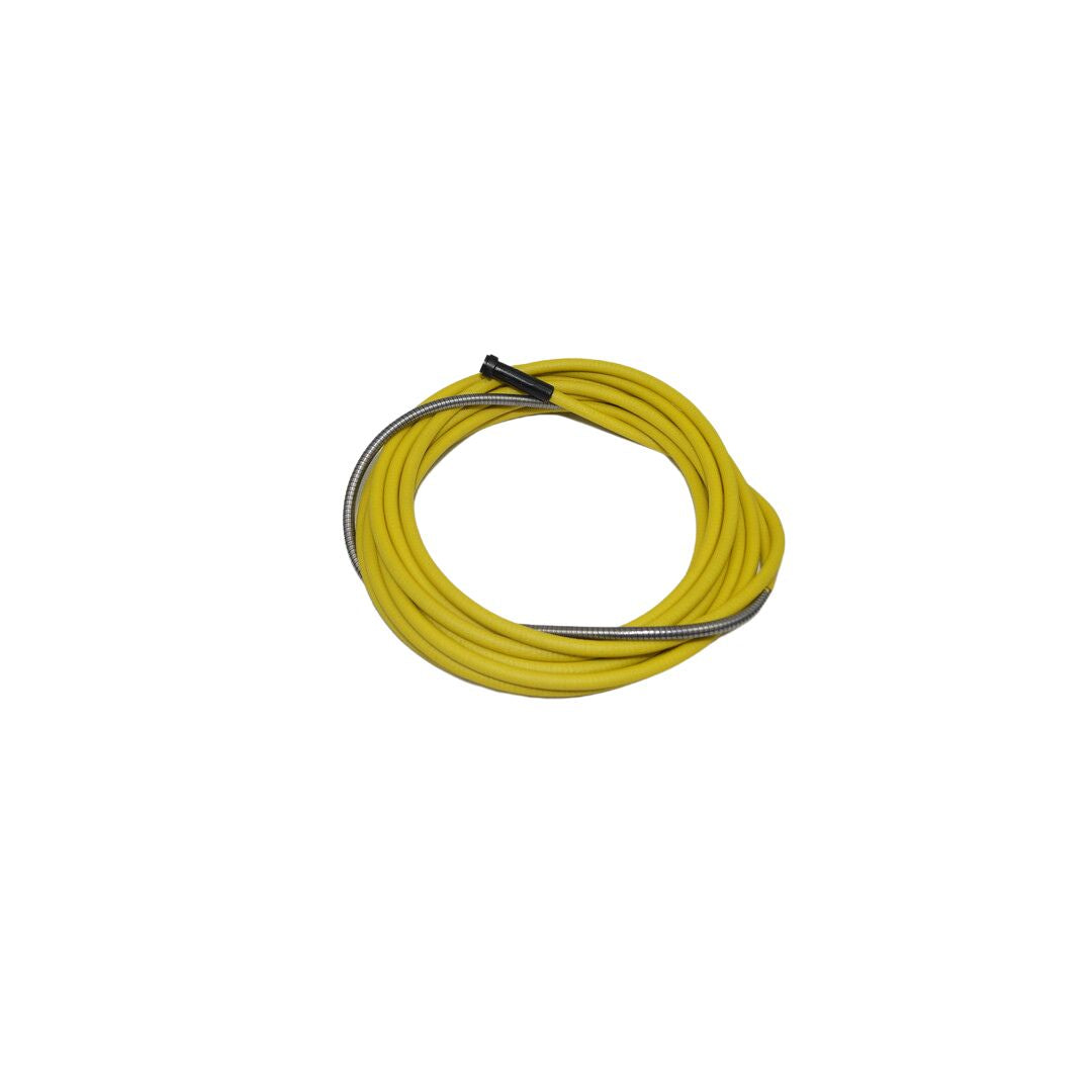 Eine gelbe isolierte Führungsspirale, die aufgerollt ist. Die Spirale hat einen Durchmesser von 2,5/4,5 und einen Drahtdurchmesser von 1,6 mm.