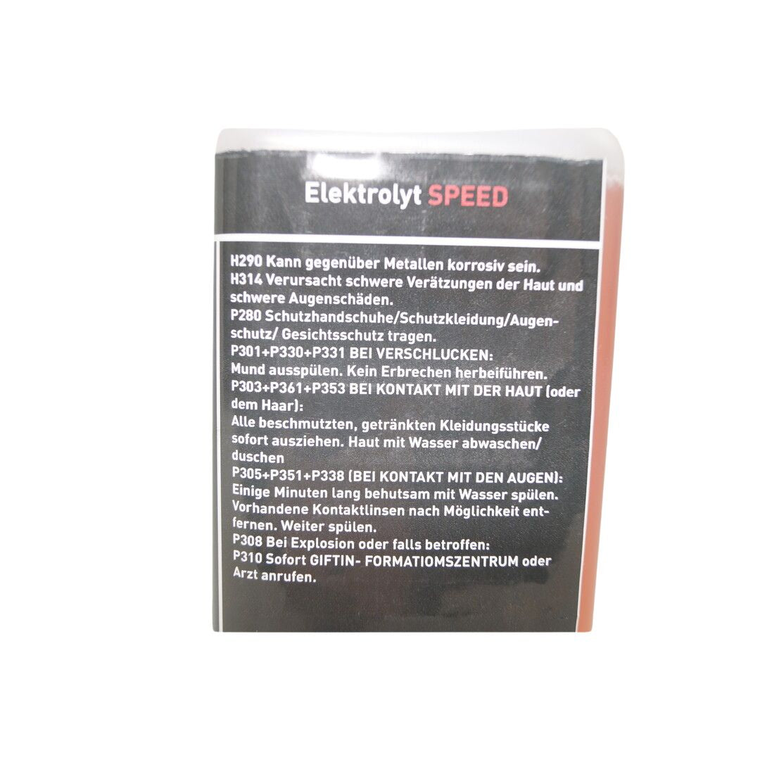 Auf dem Bild ist die Rückseite eines Produkts mit den Sicherheits- und Gebrauchshinweisen zu sehen. Es enthält Informationen über mögliche Gefahren, Handhabungshinweise und Schutzmaßnahmen im Umgang mit dem Elektrolyt.