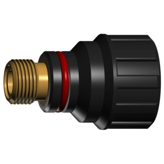 Alt-Text: Eine kurze Brennerkappe aus schwarzem Kunststoff mit Gewinde und roten Dichtungsringen, die als Zubehör für WIG-Brenner dient. Die Kappe zeigt eine goldene Gewindeverbindung und hat eine griffige Oberfläche.