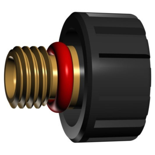 Ein Rundstück mit einem gewindeförmigen, goldenen Kern und einer roten Dichtung. Der äußere Teil ist schwarz und hat eine geriffelte Oberfläche für besseren Halt.