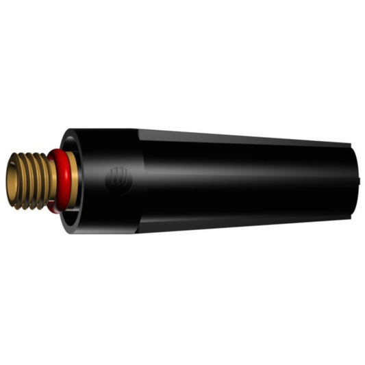 Abgebildet ist eine schwarze Brennerkappe mit einer goldenen Gewindebasis und einem roten Dichtungsring. Die Kappe dient als Zubehör für WIG-Brenner und ist zur Gewährleistung einer sicheren Verbindung konzipiert.