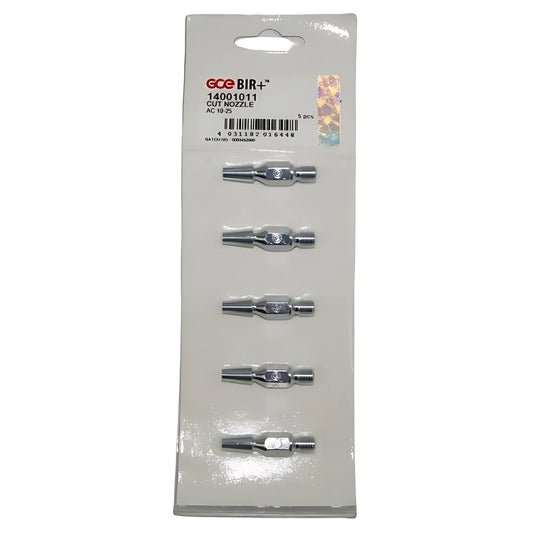 Die Abbildung zeigt eine Verpackung mit fünf Brennerschneiddüsen aus Metall, die für den Einsatz mit Acetylen geeignet sind. Die Düsen sind auf einer weißen Karte angeordnet und werden zur Verwendung mit Schneidbrennern angeboten.