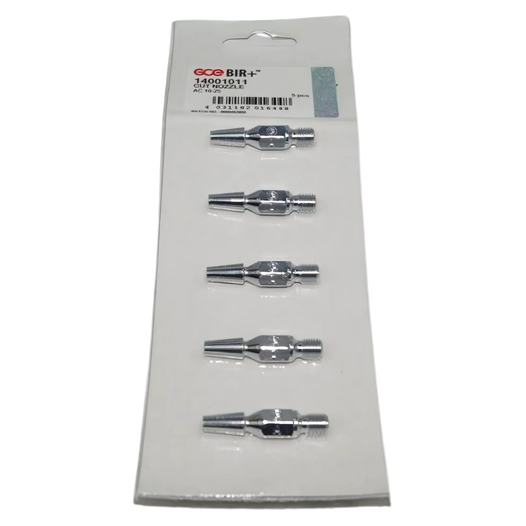 Das Bild zeigt eine Verpackung mit sechs Brennerschneiddüsen aus verchromtem Metall. Die Düsen haben unterschiedliche Durchmesser und sind für die Verwendung mit Acetylen-Schneidbrennern ausgelegt.