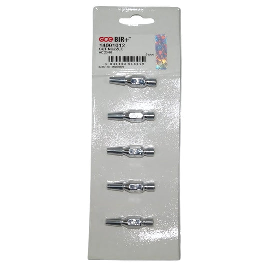 Alt-Text: Fünf metallische Brennerschneiddüsen in verschiedenen Größen, auf einer weißen Verpackung angeordnet. Jede Düse hat eine unterschiedliche Form und Durchmesser, optimiert für den Einsatz mit Schneidbrennern.