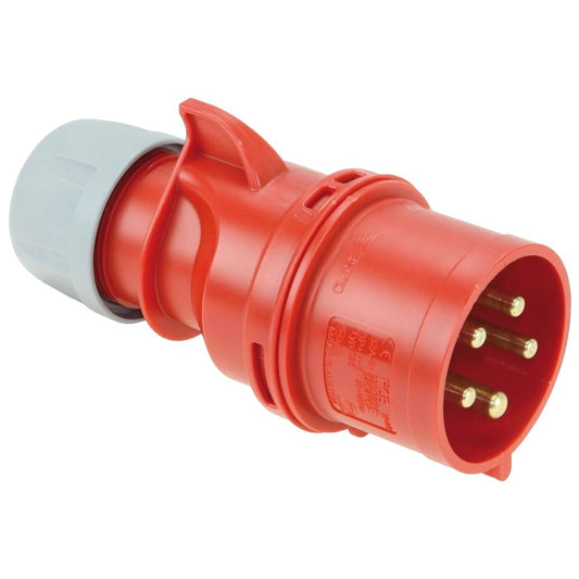 Ein rot-grauer CEE-Stecker mit einer rechteckigen Buchse, der für eine Spannung von 400 V und eine Stromstärke von 32 A ausgelegt ist. Der Stecker hat drei goldene Kontakte und einen sicheren Verschlussmechanismus.