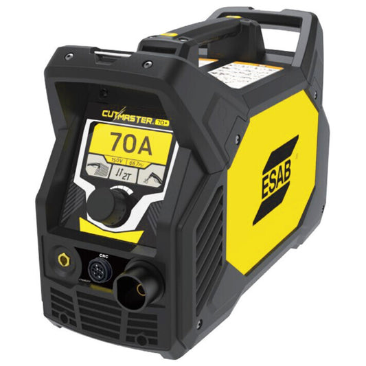 Alt-Text: Tragbare Plasmaschneidmaschine mit einem gelben und schwarzen Gehäuse, ausgestattet mit einem digitalen Display und verschiedenen Reglern. Das Gerät ist für den Einsatz bei Schneidarbeiten konzipiert.