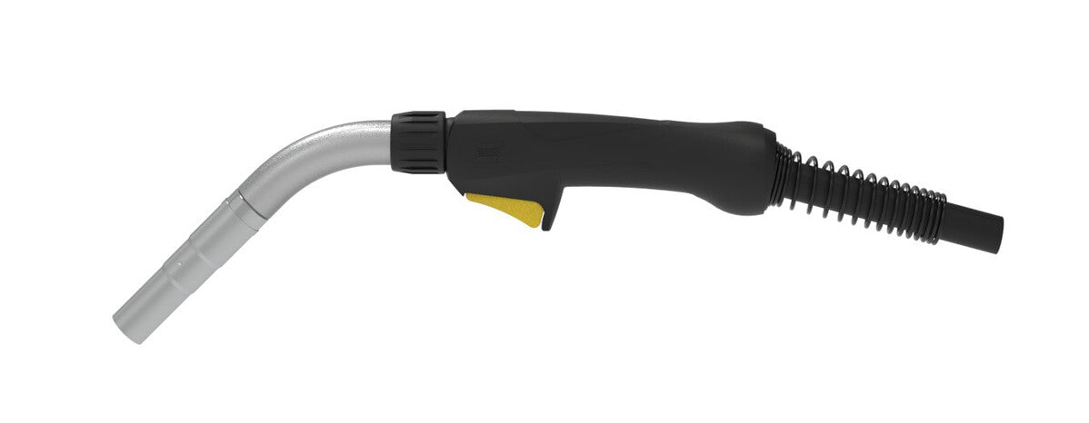 Ein gasgekühlter MIG/MAG-Schweißbrenner mit einem ergonomischen Exeor-Griff. Der schlanke Designansatz ermöglicht eine einfache Handhabung, während die flexible Düse für präzises Schweißen sorgt.
