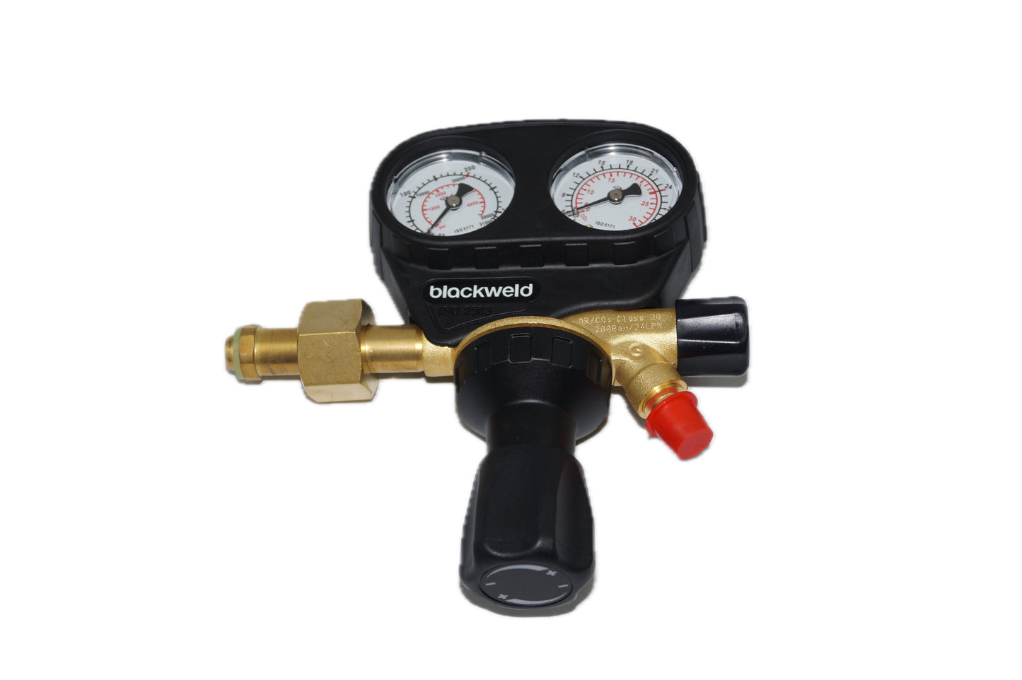 Ein Druckminderer für Argon/CO2-Gas mit zwei Druckmanometern zur Anzeige des Flaschendrucks und des Durchflusses. Er verfügt über eine zentrale Filtereinheit und einen Einstellknopf zur Regulierung des Gasflusses.