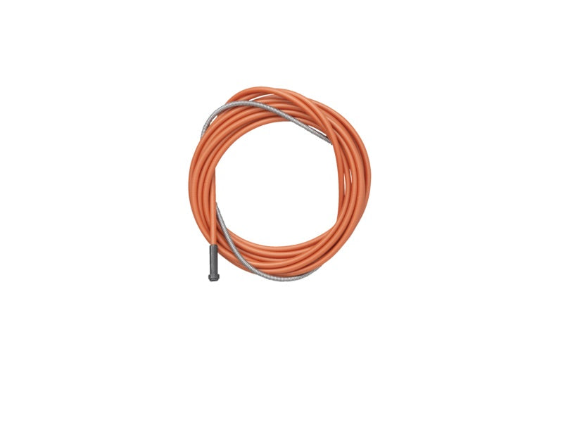 Abbildung zeigt eine orangefarbene, isolierte Führungsspirale, die spiralförmig aufgewickelt ist. An einem Ende befindet sich ein dünner Metallstift, während die gesamte Spirale für den Einsatz mit Drähten von 1,0 bis 1,2 mm Durchmesser geeignet ist.