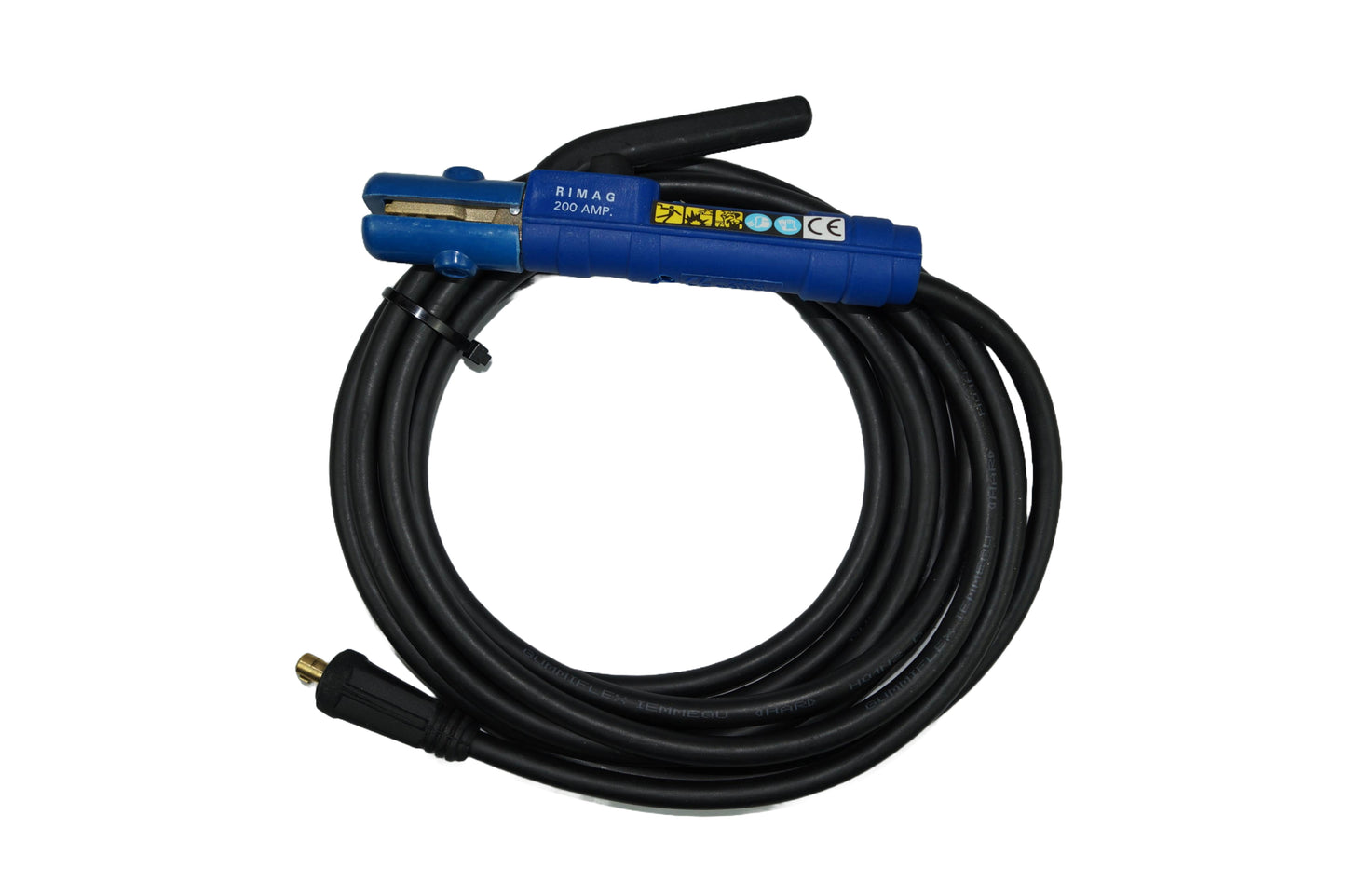 Elektrodenhalter mit einem 5 Meter langen Kabel, das robust gebaut ist und für Schweißanwendungen verwendet wird. Der Griff ist ergonomisch gestaltet und aus blauen Kunststoff, während das Kabel schwarz und flexibel ist.