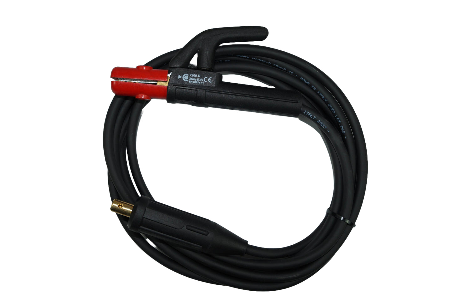 Ein Elektrodenhalterkabel mit einer Länge von 5 Metern, ausgestattet mit einem schwarzen, isolierten Griff und zwei roten Anschlussklemmen. Der Stecker am anderen Ende ist ebenfalls schwarz und für eine sichere Verbindung konzipiert.
