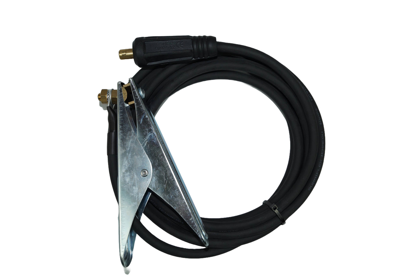 Ein 5 Meter langes Massekabel mit einer stabilen Metallklemme und einem robusten, flexiblen Gummikabel. Das Kabel ist für elektrische Verbindungen konzipiert und eignet sich für verschiedene Anwendungen im Handwerk und in der Industrie.