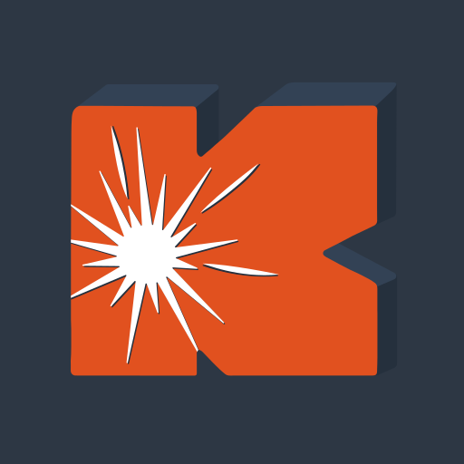 Ein orangefarbenes, dreidimensional gestaltetes „K“ auf dunkelblauem Hintergrund, in dessen Mitte ein stilisierter, weißer Schweißfunken mit Strahlen in verschiedene Richtungen dargestellt ist. Das Design vermittelt eine Verbindung zur Schweißtechnik und symbolisiert Präzision und Energie.