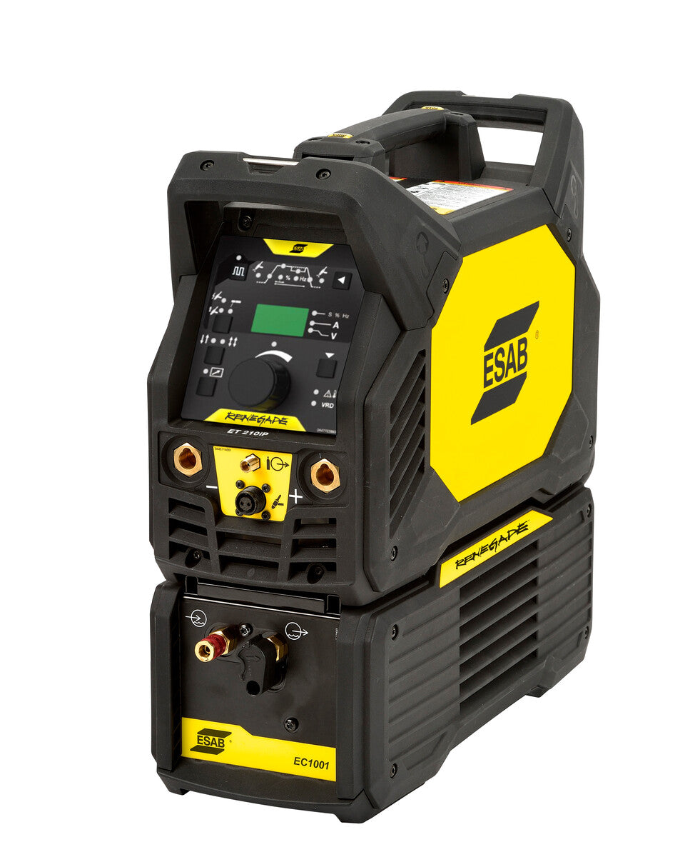 Alt-Text: Wassergekühltes WIG-Schweißgerät mit einem kompakten, gelben und schwarzen Gehäuse. Die Vorderseite zeigt ein digitales Display und Bedienelemente für die Steuerung des Geräts.