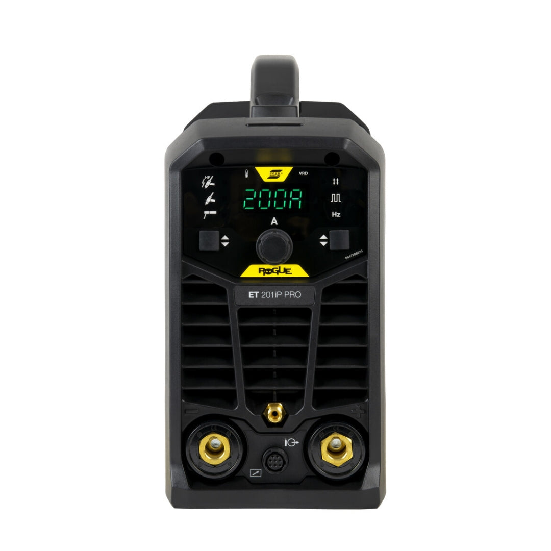 Frontansicht des ESAB Rogue ET 201iP PRO mit Anschlüssen und Steuerungselementen