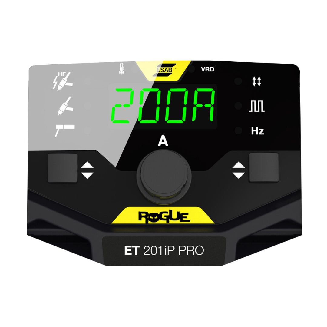 Detailansicht des Bedienpanels des ESAB Rogue ET 201iP PRO mit Display und Bedientasten