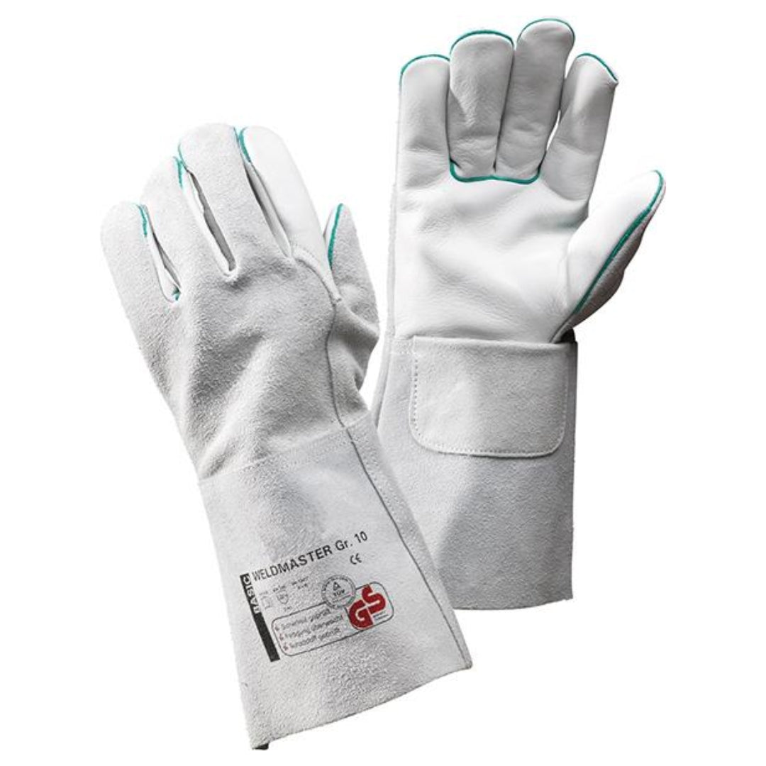 Ein Paar Schweißerhandschuhe, gefertigt aus Rindnarben- und Spaltleder, mit einem langen Lederbund und einer grauen Farbe. Die Handschuhe weisen eine blaue Nahtverzierung auf und sind für den Einsatz beim Schweißen geeignet.