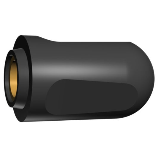 Die Abbildung zeigt eine kurze Brennerkappe in schwarzer Farbe, die für WIG-Brenner konzipiert ist. Sie hat eine abgerundete Form mit einem goldenen Innenring.