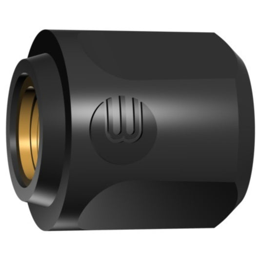 Schwarze Brennerkappe mit einem goldenen Innenring, die als Zubehör für WIG-Brenner dient. Die Kappe hat eine schlanke, zylindrische Form und ein eingraviertes Logo.