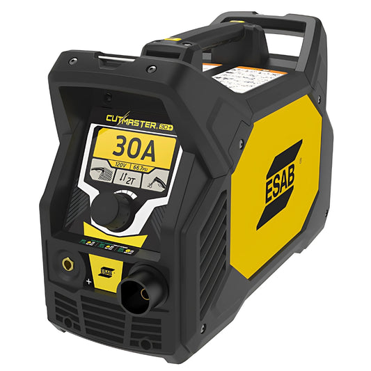 Alt-Text: Tragbare Plasmaschneidmaschine mit einem gelben und schwarzen Gehäuse, ausgestattet mit einem digitalen Display, an dem die Einstellungen wie Stromstärke angezeigt werden. Die Maschine verfügt über verschiedene Anschlüsse für Strom und Gas.