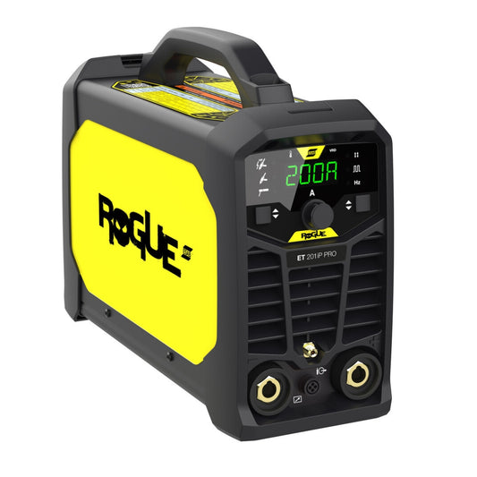ESAB Rogue ET 201iP PRO Schweißgerät, Seitenansicht mit Display und gelbem Gehäuse