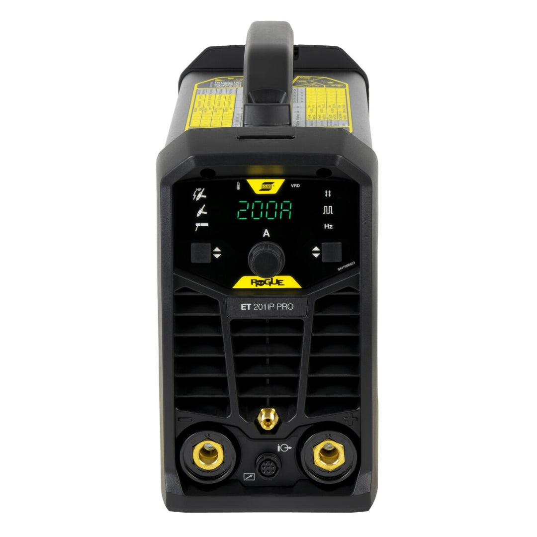 ESAB Rogue ET 201iP PRO Schweißgerät, Frontansicht mit digitalem Display und Anschlüssen