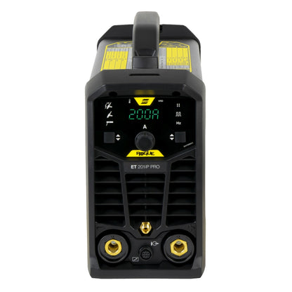 ESAB Rogue ET 201iP PRO Schweißgerät, Frontansicht mit digitalem Display und Anschlüssen