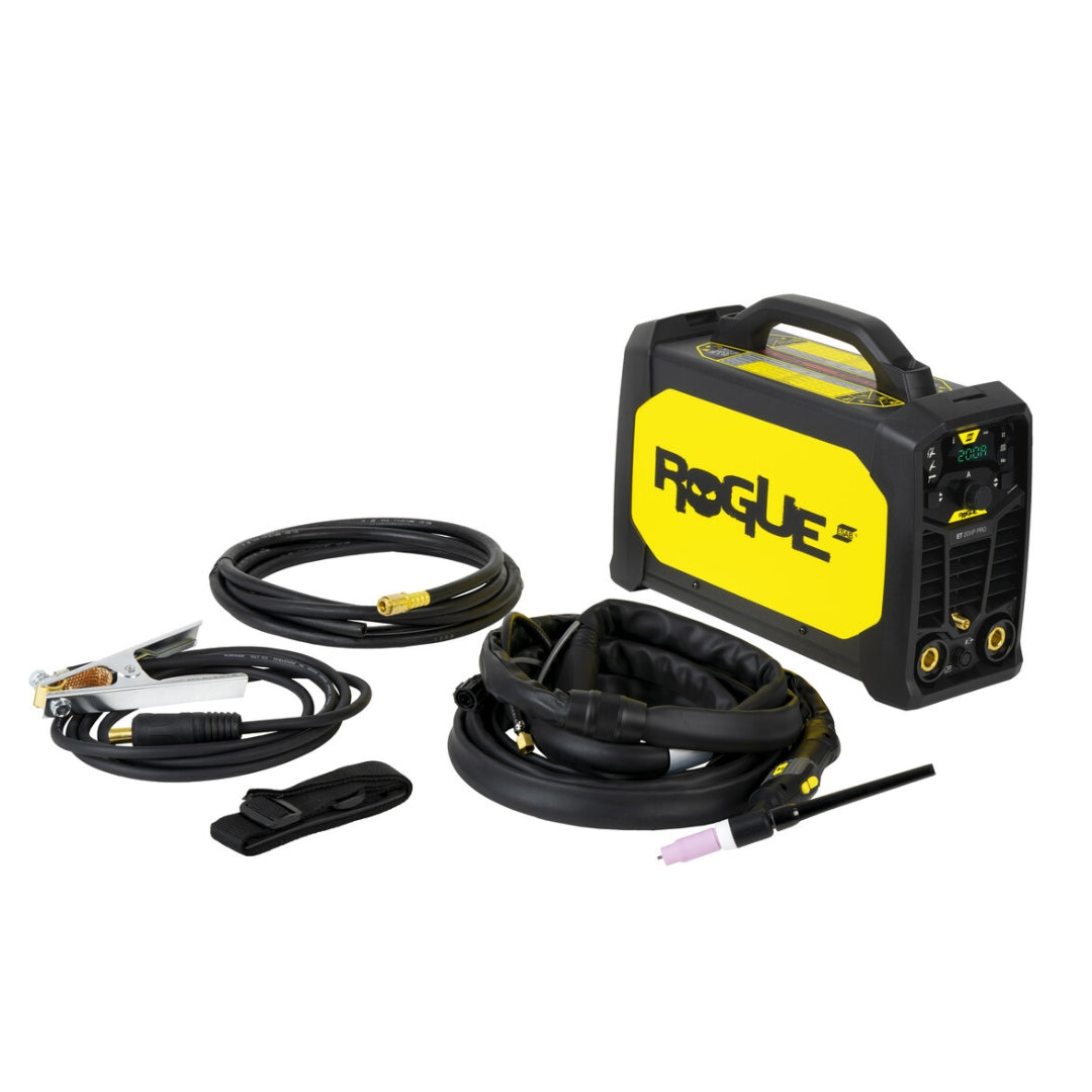 ESAB Rogue ET 201iP PRO Schweißgerät mit komplettem Lieferumfang: Brenner, Kabel, Klemme und Schultergurt