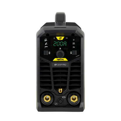 Frontansicht des ESAB Rogue ET 201iP PRO mit Anschlüssen und Steuerungselementen